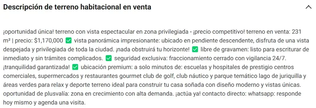 Ejemplo de anuncio de venta de terreno - Descripción